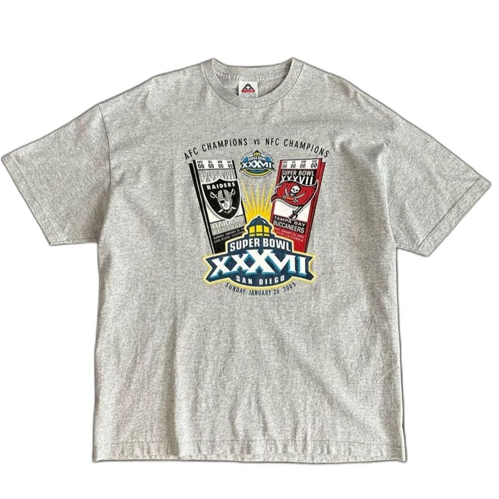Alstyle '03 NFL Super Bowl XXXVII Shirt Raiders Buccaneers Grey Size 2XL Vintage